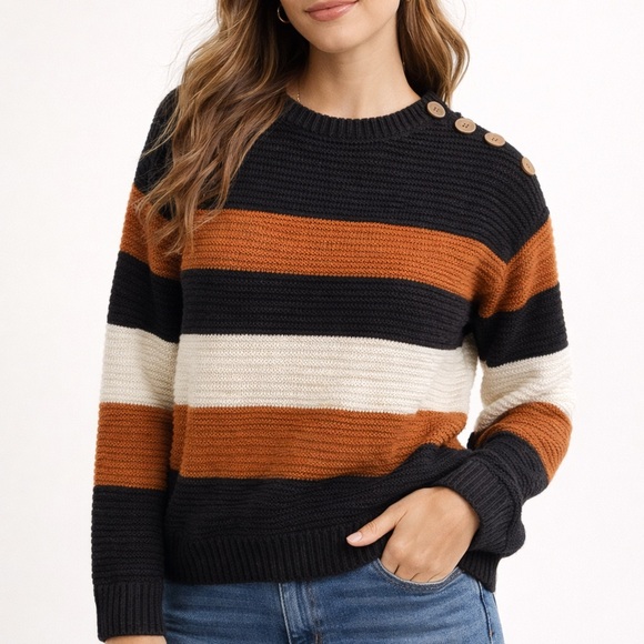 Sophie Rue Sweaters - Sophie Rue Striped Sweater - Black, Orange, Cream